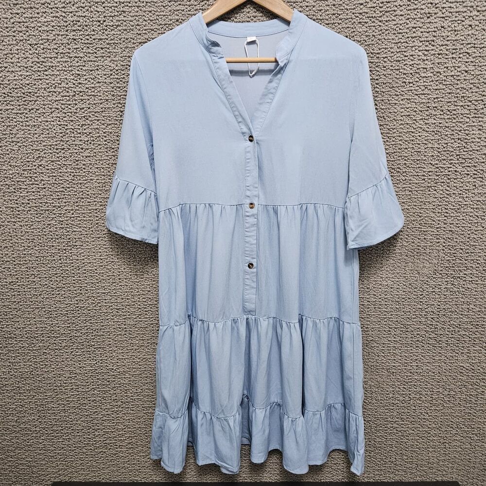 Women's Light Blue Tiered Babydoll Tunic Dress Flutter Sleeve Button Size M